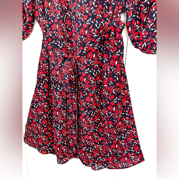 NY&Co Midi Dress w/ Red Floral Print on Navy, 3/4 Sleeve V-neck Belted sz L - Picture 8 of 12